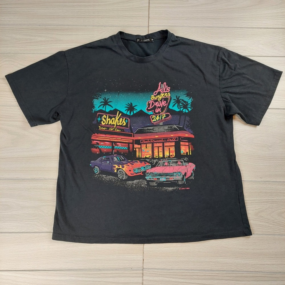 Zaful Graphic T-Shirt Mens One Size Black Al's Burgers Drive-In Retro 80s Car